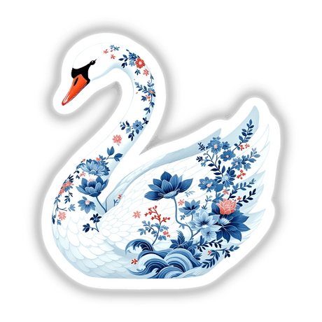 Chinoiserie Swan: An artistic depiction of a white swan adorned with intricate blue flowers, available as unique stickers or digital artwork from Decal Venue.