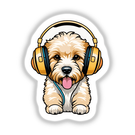 Goldendoodle dog wearing headphones