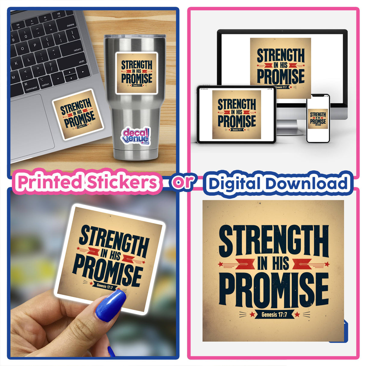 Collage featuring Strength in His Promise Christian sticker or clipart, inspired by Genesis 17:7. Showcases a laptop with the sticker and digital artwork options, emphasizing faith and assurance.