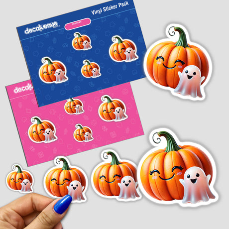 Happy Ghost and Pumpkin Stickers with Smiling Cartoon Pumpkin and Ghost, available as Stickers or Digital Art.