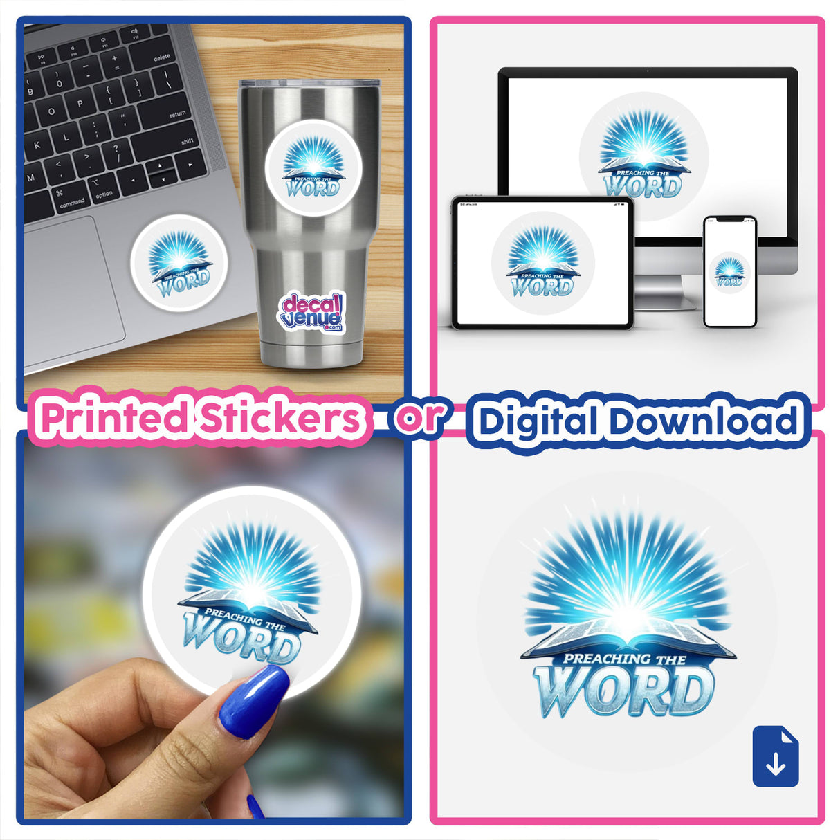 “Preaching the Word” Pastor Appreciation Sticker for October 13th, showcasing a laptop collage and creative elements, available as a decal or Christian clipart download with commercial rights.