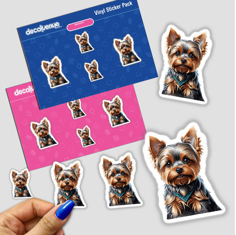 Adorable Yorkie Dog Portrait Vinyl Sticker Pack, featuring detailed illustrations of the playful Yorkshire Terrier breed in various poses. The stickers showcase the dog's expressive features and fluffy coat, perfect for decorating and personalizing surfaces.