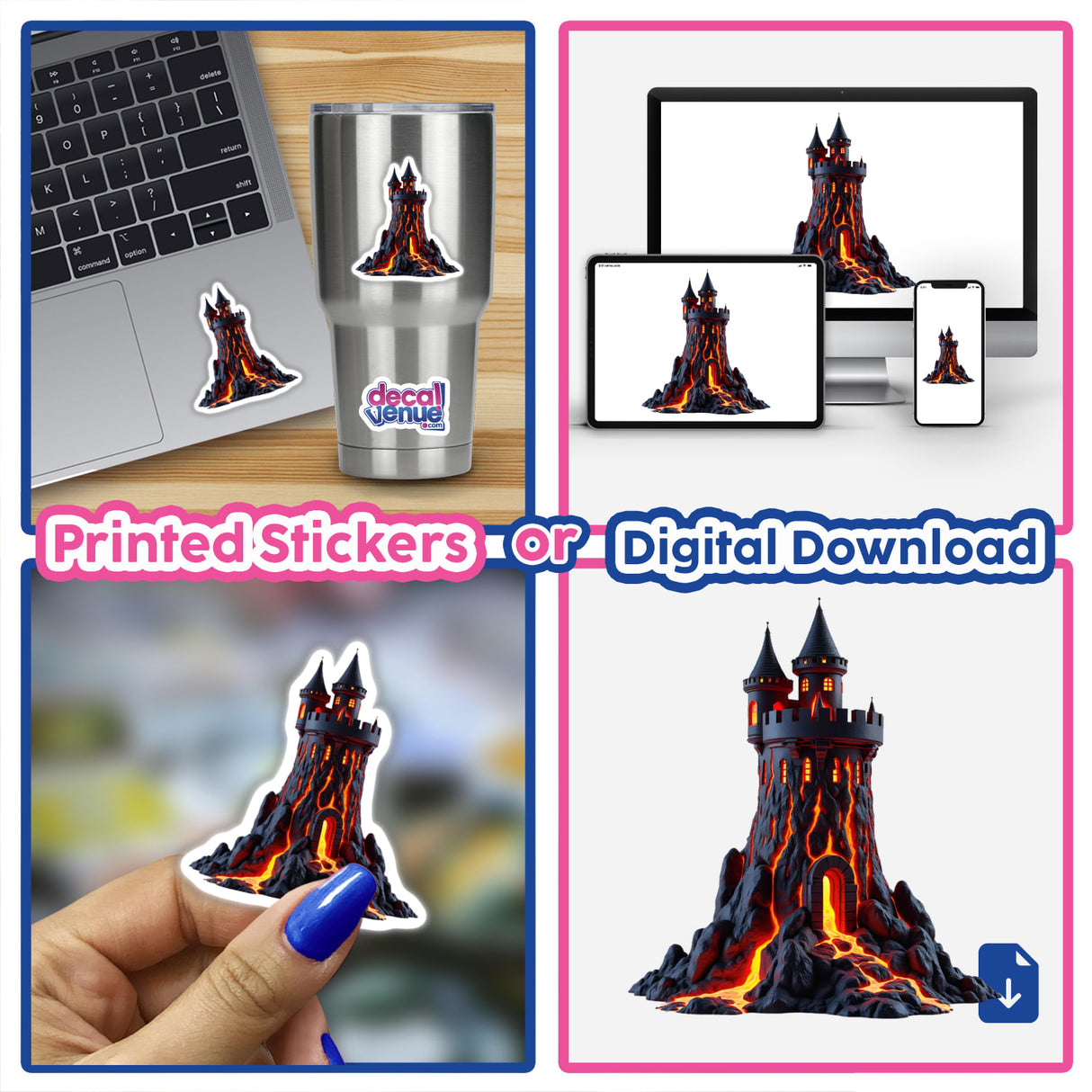 Molten Lava Castle Tower sticker or digital art featuring a black castle with red flames, ideal for laptops or other surfaces, showcasing Decal Venue's unique design collection.