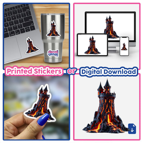 Molten Lava Castle Tower sticker or digital art featuring a black castle with red flames, ideal for laptops or other surfaces, showcasing Decal Venue's unique design collection.