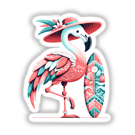 Flamingo in Summer Beach Hat with Surfboard