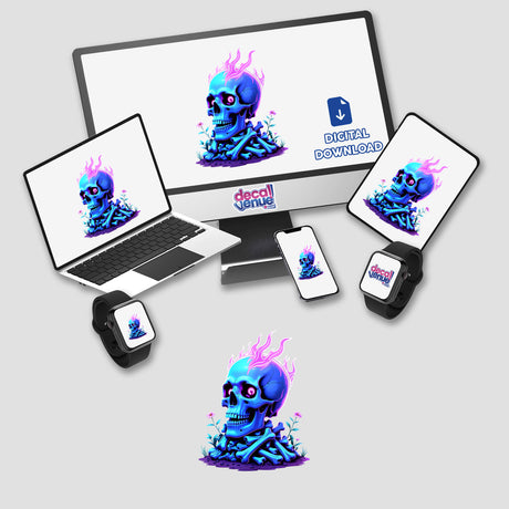 Skull And Bones On Fire digital artwork featuring a blue skull with pink flames on a computer monitor and laptop, available as unique vinyl stickers or digital art from Decal Venue.