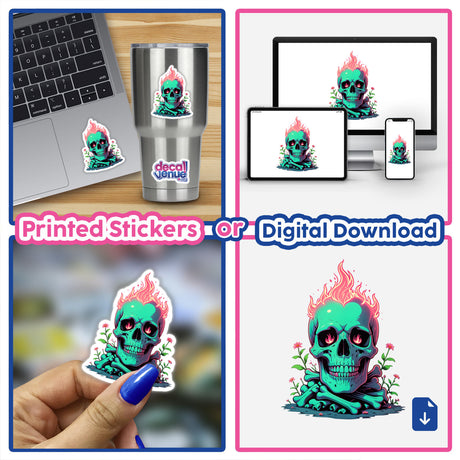 A Skull And Bones On Fire sticker, showcasing a fiery skull design, perfect for customizing laptops or phones. Ideal for fans of bold, unique art at Decal Venue.