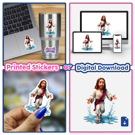 Collage featuring Funny Jesus Christ Walking On Water, available as stickers or digital artwork from Decal Venue. Image includes cartoons mixed with laptop and finger close-ups, reflecting unique artistic elements.