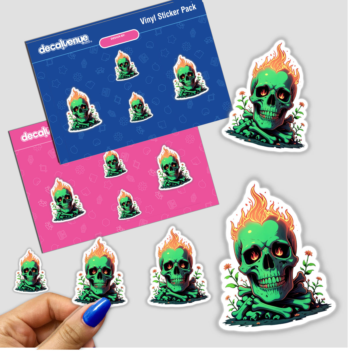 Sticker depicting A Skull And Bones On Fire, featuring a skull engulfed in dynamic flames, perfect for adding an edgy touch to personal items like laptops or notebooks.