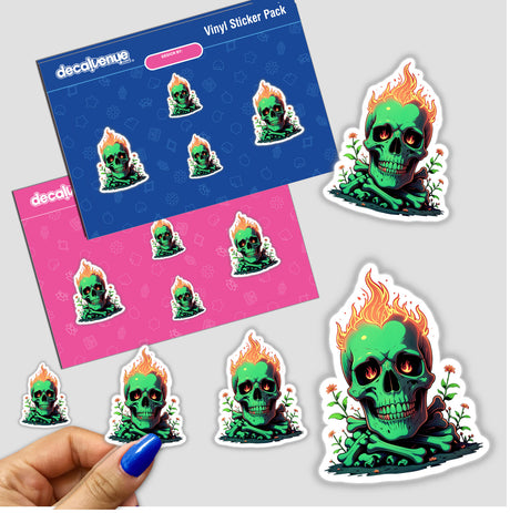 Sticker depicting A Skull And Bones On Fire, featuring a skull engulfed in dynamic flames, perfect for adding an edgy touch to personal items like laptops or notebooks.