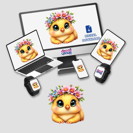 Cute Chick Wearing a Floral Crown displayed on various devices, showcasing its charm as stickers or digital artwork, perfect for brightening any space from Decal Venue's unique collection.