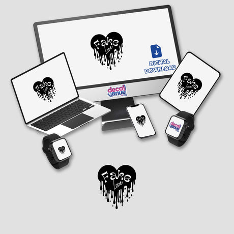 Fake Love design featuring a computer monitor and laptop displaying a heart logo, available as unique stickers or digital artwork from Decal Venue. Perfect for personalizing devices.
