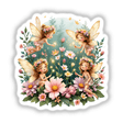 Tiny Fairies with Glowing Wings and Spring Flower Crowns depicted in a whimsical garden setting, available as stickers or digital artwork, showcasing enchanting fairies holding magic wands amidst vibrant flowers.