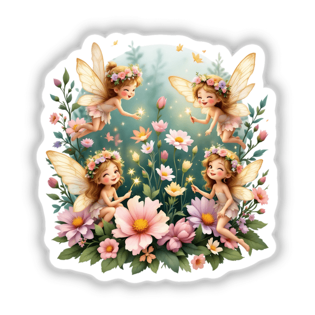 Tiny Fairies with Glowing Wings and Spring Flower Crowns depicted in a whimsical garden setting, available as stickers or digital artwork, showcasing enchanting fairies holding magic wands amidst vibrant flowers.