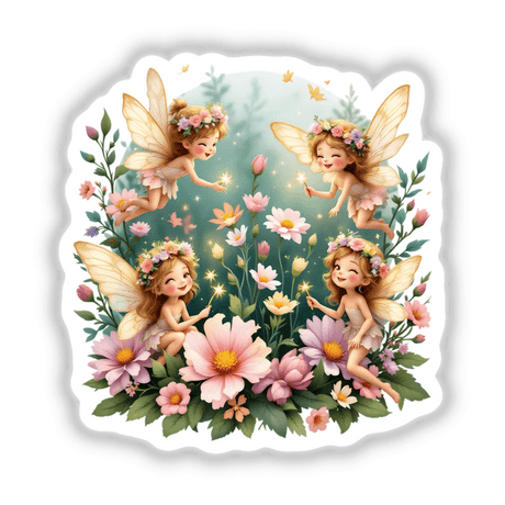 Tiny Fairies with Glowing Wings and Spring Flower Crowns depicted in a whimsical garden setting, available as stickers or digital artwork, showcasing enchanting fairies holding magic wands amidst vibrant flowers.