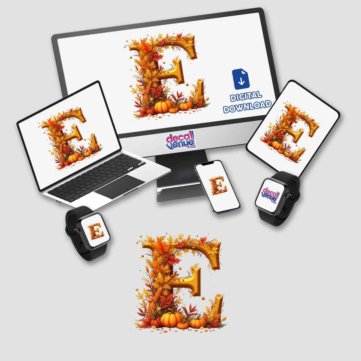 Fall Aesthetic Letter E Clipart | Stickers or Download with Commercial Rights. Visuals include a laptop, phone, and smartwatch showcasing the letter E with pumpkins and leaves.