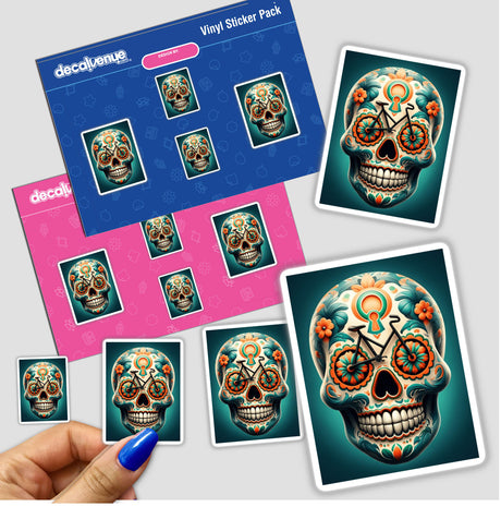 Sticker pack titled Spooky Skeleton featuring skull designs with flowers, clocks, and bicycles, available as stickers or digital artwork.