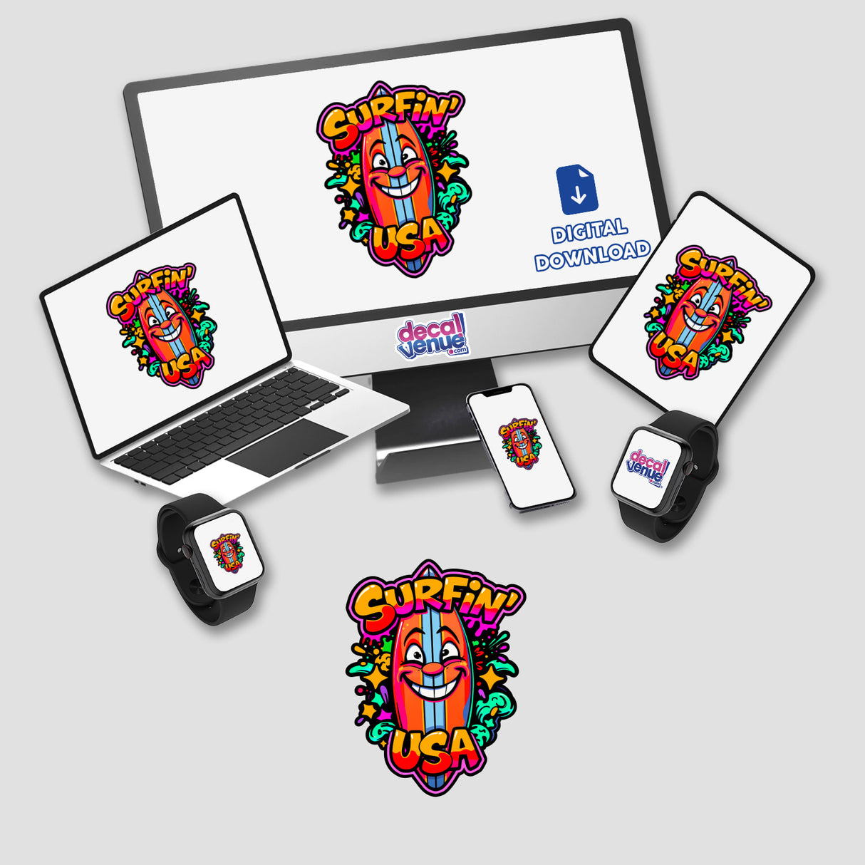 a laptop, phone, and other electronic devices with stickers on them