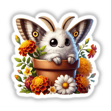Moth Peeking Out of Flower Pot: A cartoon of a white furry animal with large ears and wings, nestled in a pot of flowers, available as stickers or digital artwork.