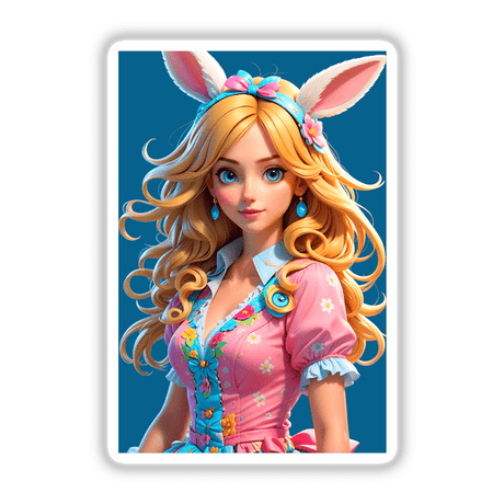 A Cute Easter Bunny Girl cartoon featuring a woman with long blonde hair and bunny ears, available as stickers or digital artwork from Decal Venue.