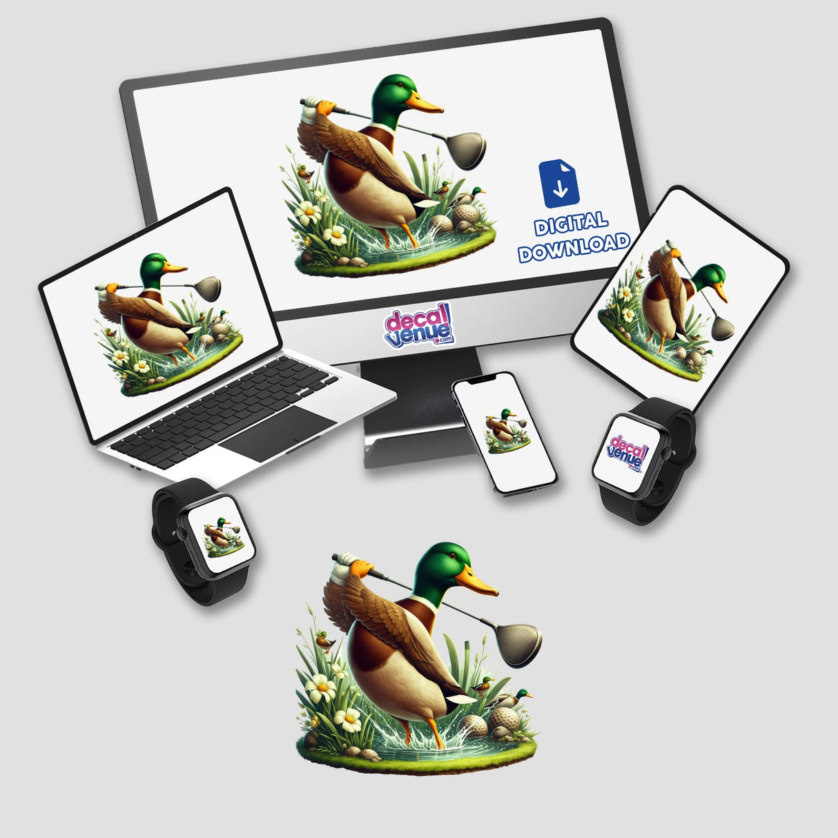 Mallard Duck Golfing on Pond displayed on computer monitor and laptop, offered as stickers or digital artwork by Decal Venue.