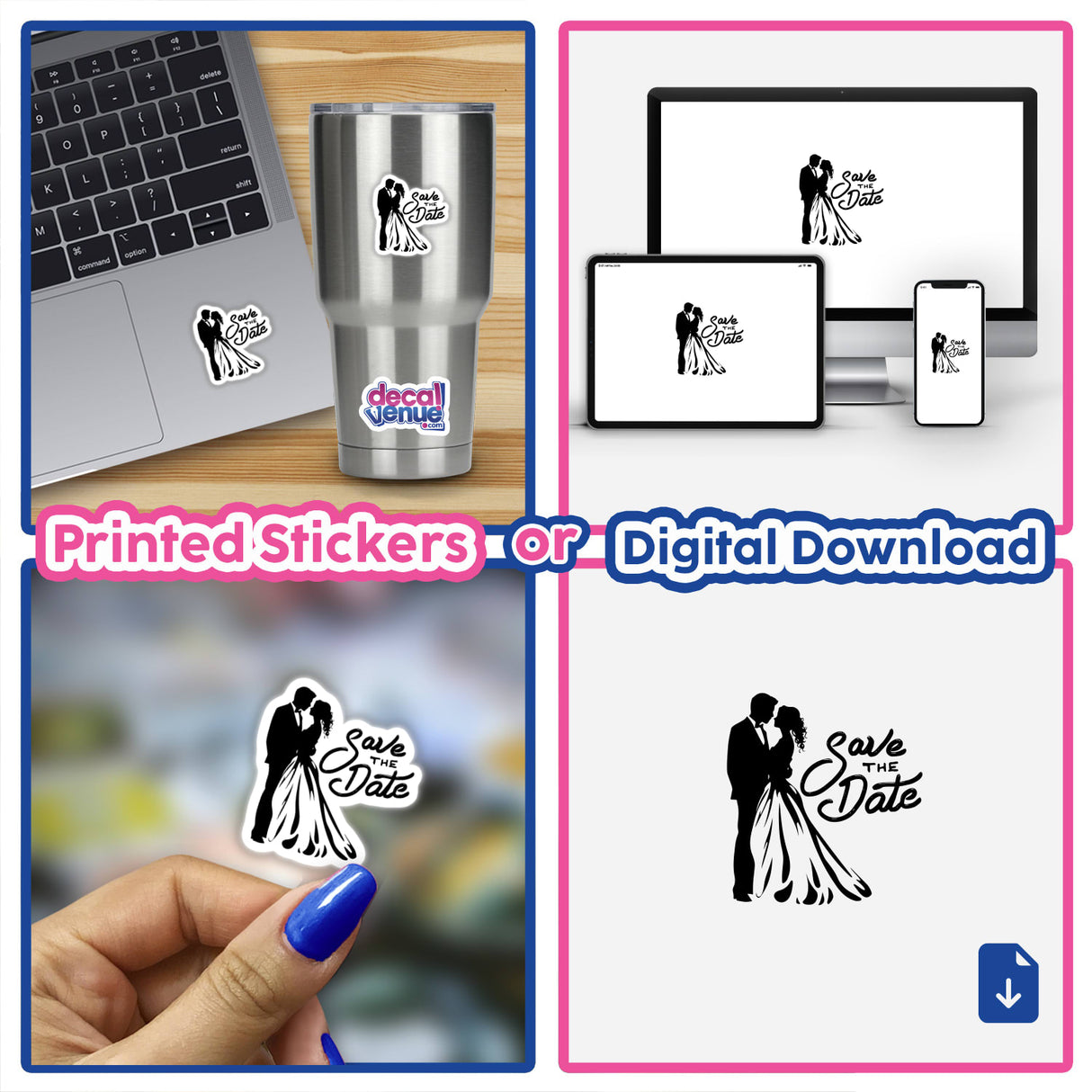 Collage of Save the Date wedding design stickers featuring digital artwork, including silhouettes and decorative elements, showcased on a laptop, perfect for unique wedding announcements from Decal Venue.