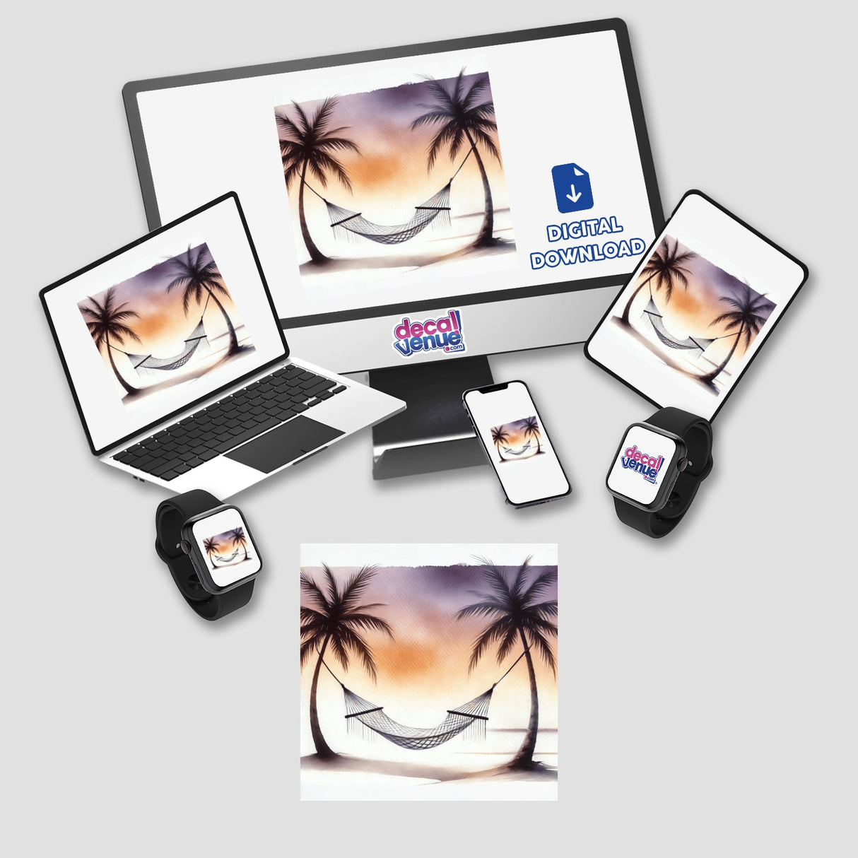 Laptop, phone, and tablet displaying Hammock Retreat - Peaceful Boho Watercolor Art with palm trees and hammocks, available as stickers or digital artwork.