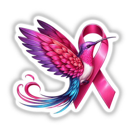 Hummingbird Pink Ribbon Breast Cancer Awareness design featuring a stylized bird intertwined with a ribbon, available as unique vinyl stickers or digital artwork from Decal Venue.