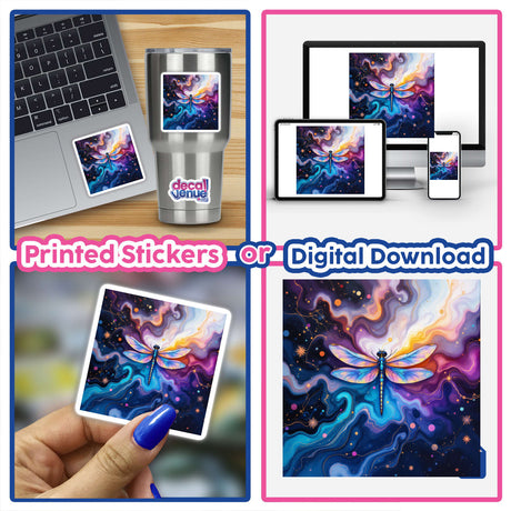 Dragonfly Alcohol Ink Design featured on a laptop screen and as a sticker, showcasing intricate dragonfly art. Available as unique stickers or digital artwork from Decal Venue.