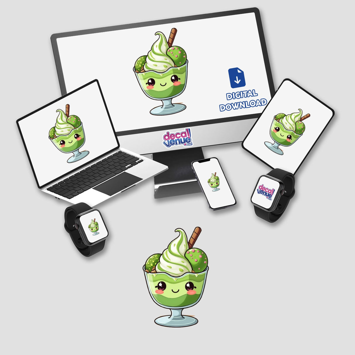Kawaii Matcha Sundae Sticker – Cute Dessert Art displayed on a monitor and laptop, featuring a cartoon green ice cream sundae, available as stickers or digital artwork from Decal Venue.