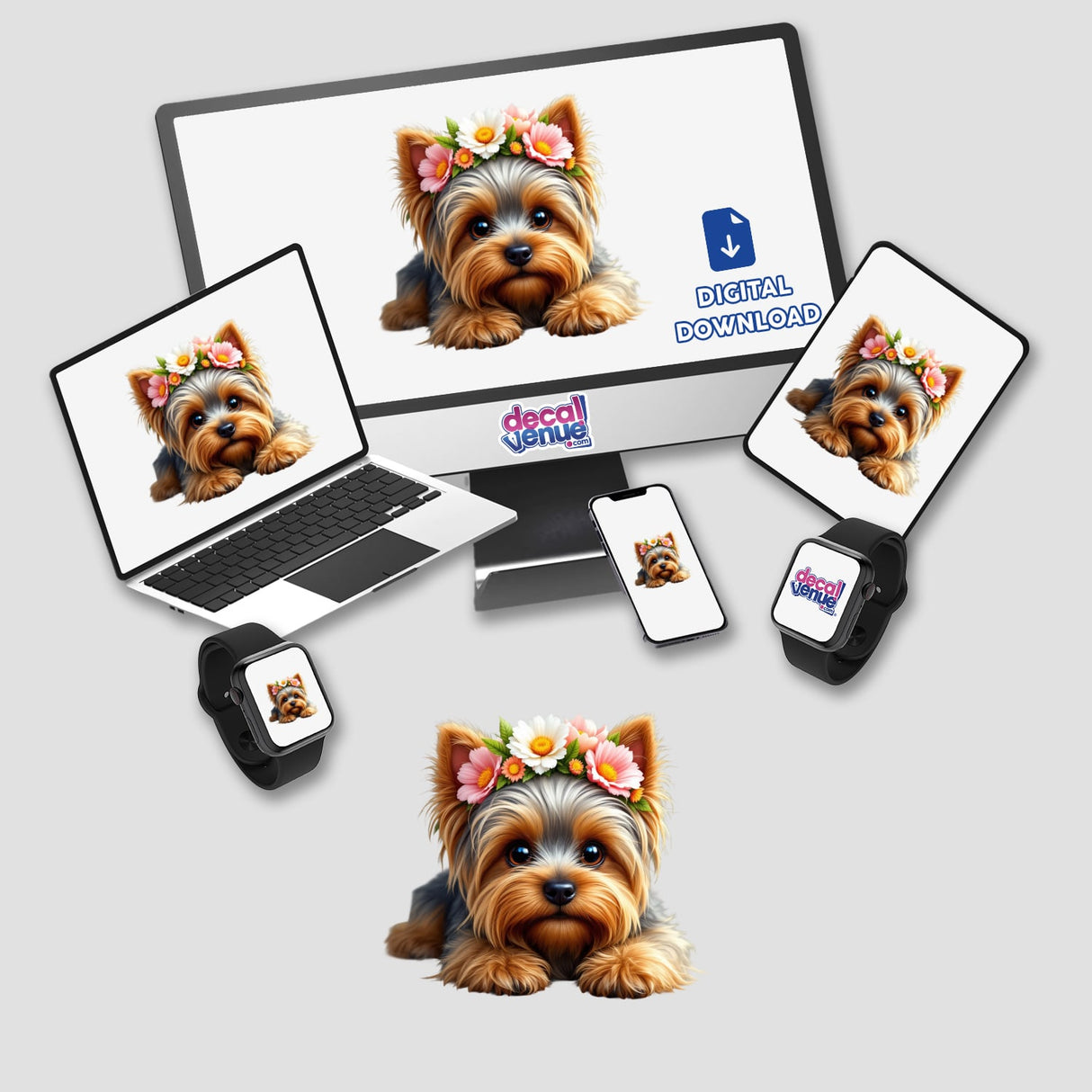 Whimsical Yorkshire Terrier with a Colorful Flower Crown featured on a computer monitor and laptop screen, showcasing Decal Venue's unique stickers and digital art.