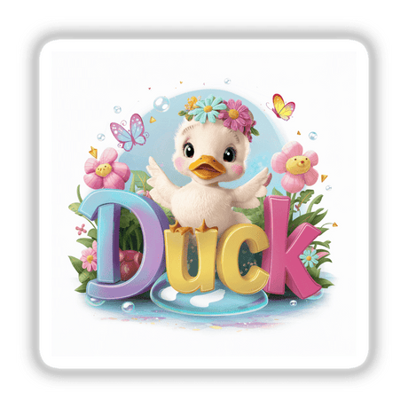 Adorable digital artwork featuring a cute baby duck surrounded by colorful spring flowers, butterflies, and the text "Duck".