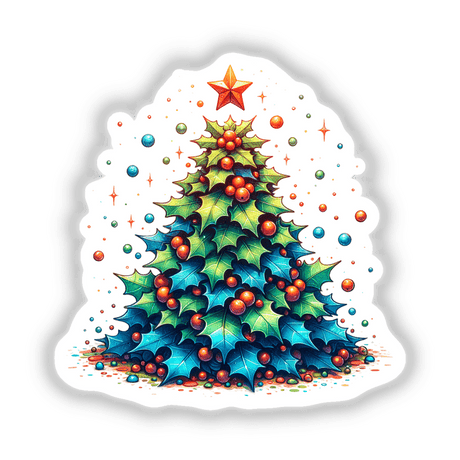 Holly Leaves Christmas Tree sticker or digital art, featuring a decorated Christmas tree with holly leaves and festive balls, ideal for unique holiday decor from Decal Venue.