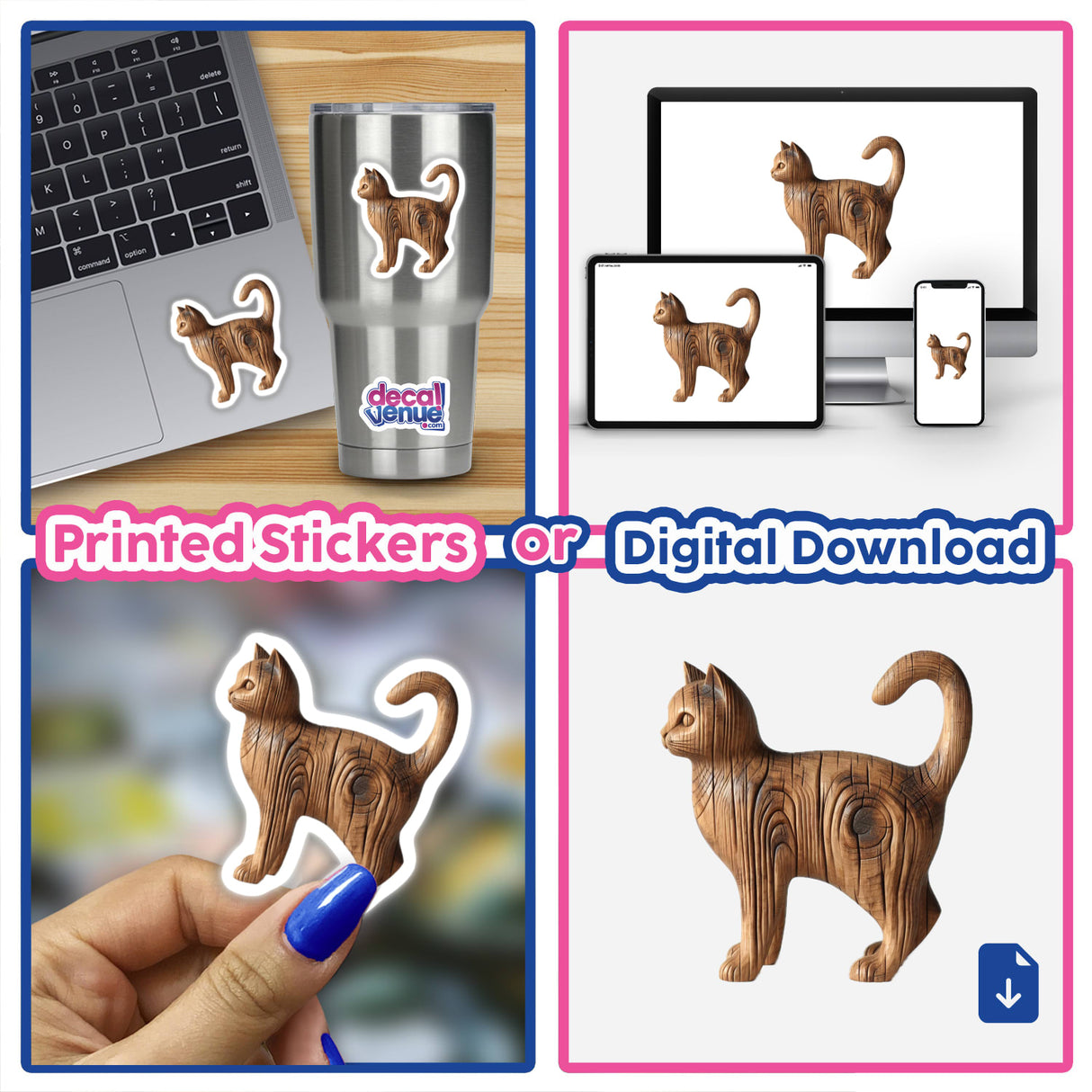 Carved Wood Cat sculpture amidst a collage featuring cat stickers, showcasing Decal Venue's unique offerings of stickers and digital artwork.