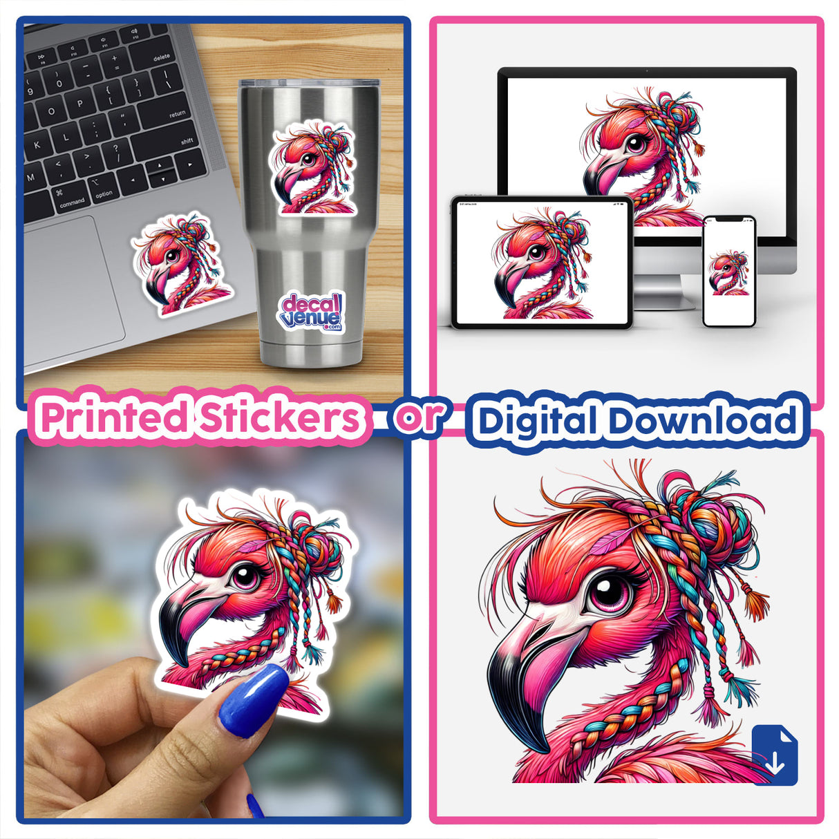 Pink Flamingo with Messy Hair Braided Yarn Bun as a vibrant sticker, showcasing a cartoon flamingo with a unique braided hairstyle, perfect for laptops or cups.
