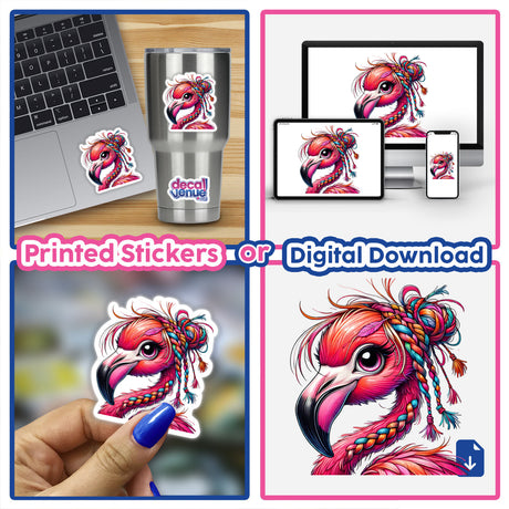 Pink Flamingo with Messy Hair Braided Yarn Bun as a vibrant sticker, showcasing a cartoon flamingo with a unique braided hairstyle, perfect for laptops or cups.