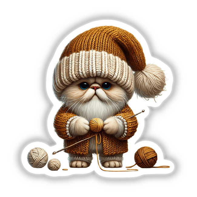 Adorable Himalayan cat gnome holding colorful yarn balls in cozy winter attire for Decal Venue's whimsical digital artwork collection.