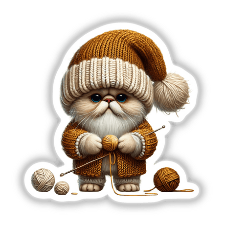 Adorable Himalayan cat gnome holding colorful yarn balls in cozy winter attire for Decal Venue's whimsical digital artwork collection.