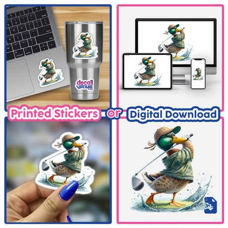 Watercolor Mallard Duck Camo Golfer sticker featuring a duck in a hat and sweater, playing golf with a club, perfect for personalizing your laptop or gear.