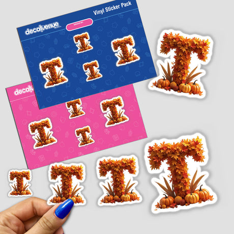 Thanksgiving Letter T Clipart - Fall Leaves and Pumpkins Design - Stickers or Commercial Use Download, featuring intricate letters adorned with leaves and pumpkins, perfect for seasonal decor or digital projects.