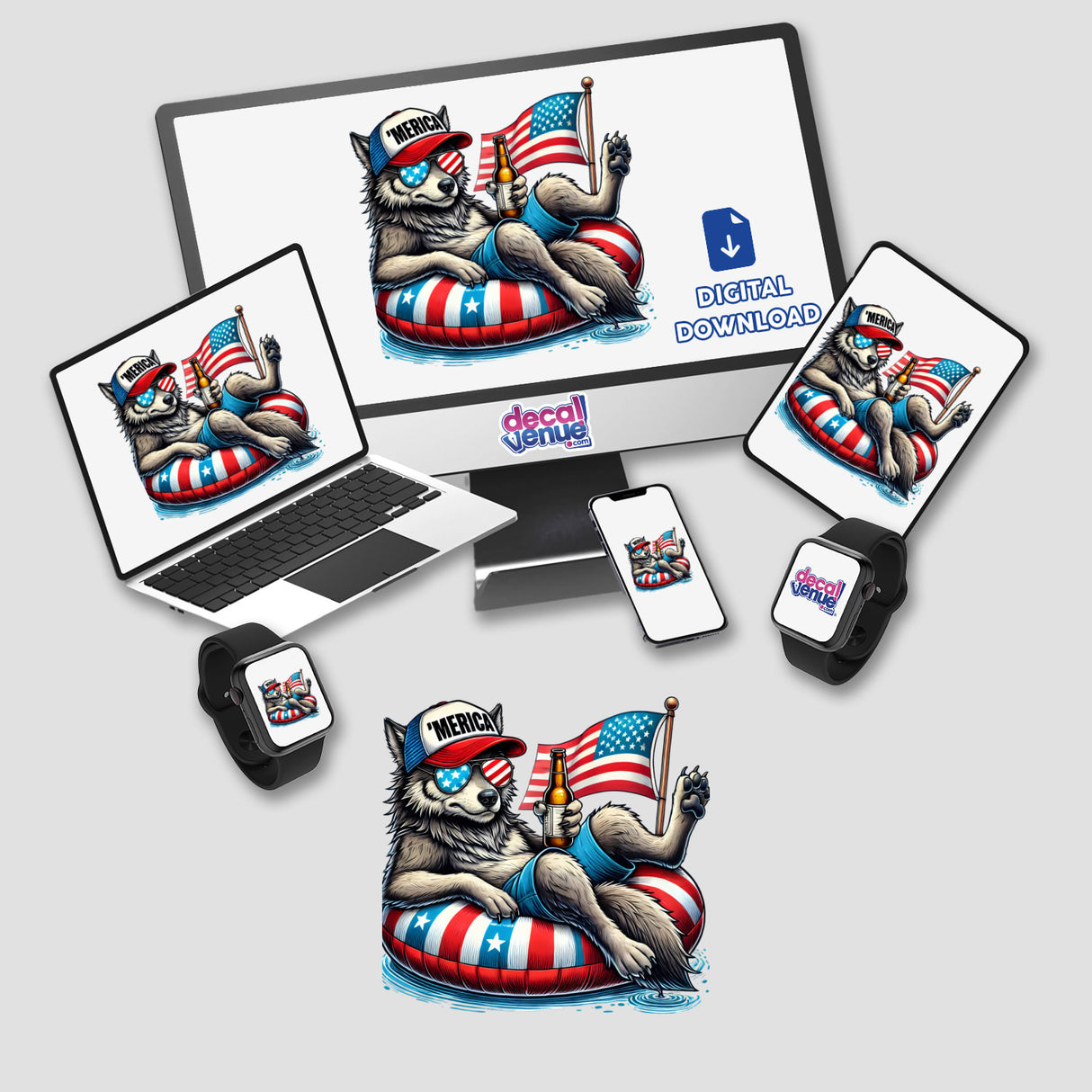 Wolf American Flag Float Merica digital artwork displayed on a computer monitor and laptop, available as stickers or digital downloads from Decal Venue.