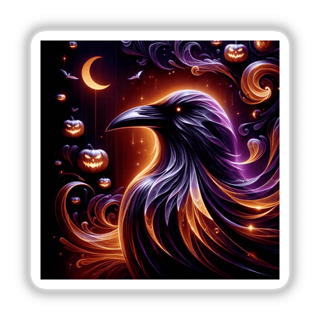 Black Raven Ethereal Halloween Glow features a black bird adorned with orange and purple swirls, surrounded by pumpkins. Available as stickers or digital artwork.