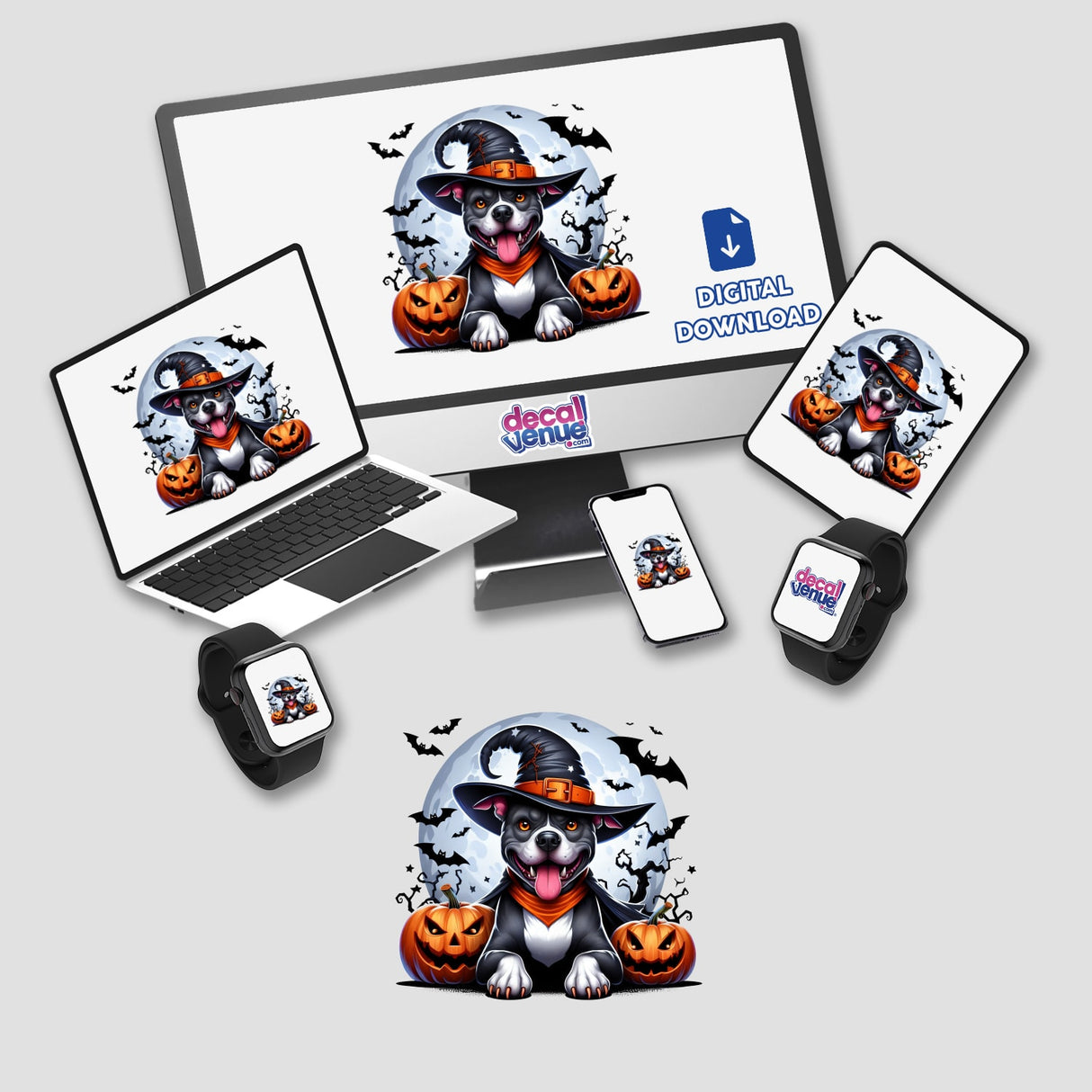 Adorable Pitbull puppy in Halloween costume with pumpkins and bats, digital artwork available for download from Decal Venue
