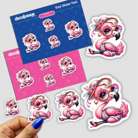 Trendy Flamingo sticker pack featuring cartoon flamingos wearing sunglasses and hats, held in a person's hand. Available as stickers or digital artwork from Decal Venue.