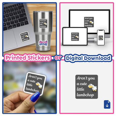 Cute little Lampchop sticker collage featuring a cartoon sheep on various surfaces, including a laptop and a sign, showcasing the playful design available at Decal Venue.