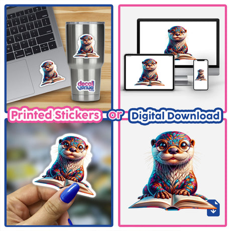 Otter in Reading Glasses Open Book sticker, featuring a cartoon otter wearing glasses and holding an open book, available as a vinyl sticker or digital artwork from Decal Venue.