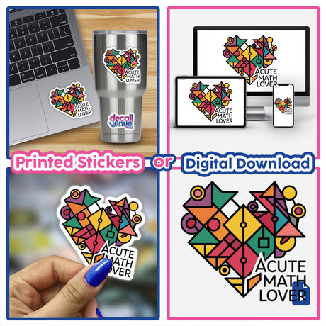 Colorful geometric design of a math-themed image featuring the text "Acute Math Lover". The image is available as printed stickers or digital download format from the Decal Venue store, which specializes in unique stickers and digital art created by talented designers.