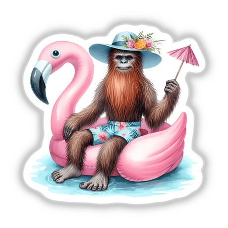 Tropical Sasquatch Sitting in Flamingo Float: A whimsical cartoon of a monkey in a hat and shorts, perched on a pink flamingo float, available as stickers or digital artwork.