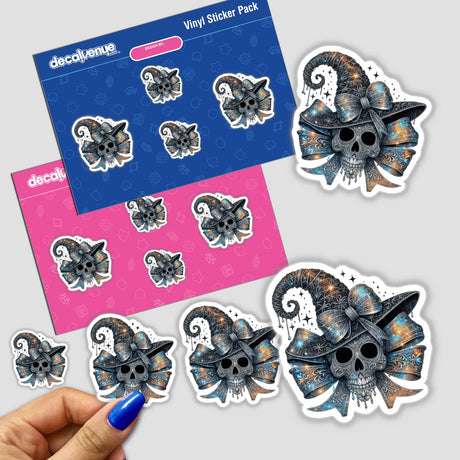 Prismatic Skull Witch Coquette Bow stickers featuring skulls with hats, bows, and bells, available as stickers or digital artwork from Decal Venue, known for unique stickers and digital art.