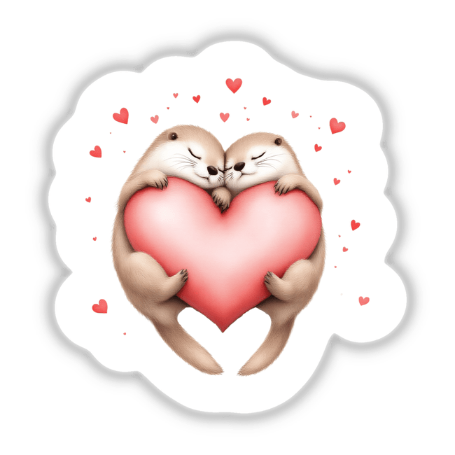 Sleeping Otters with Hearts: Two cartoon otters hugging a heart, available as stickers or digital art, conveying love and warmth, perfect for adding charm to any space.